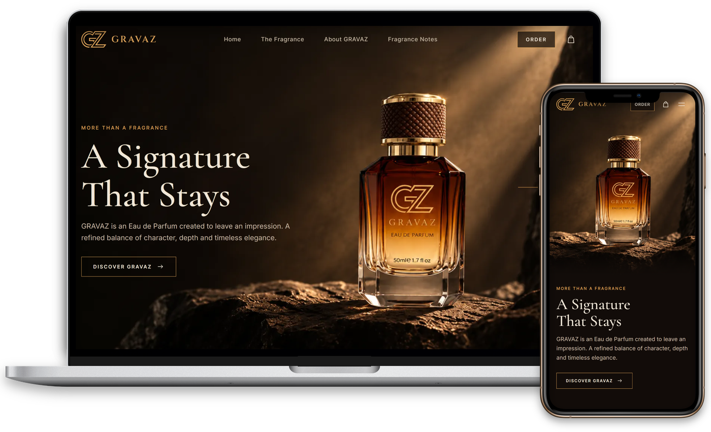 Gravaz fragrance website shown on a laptop and phone