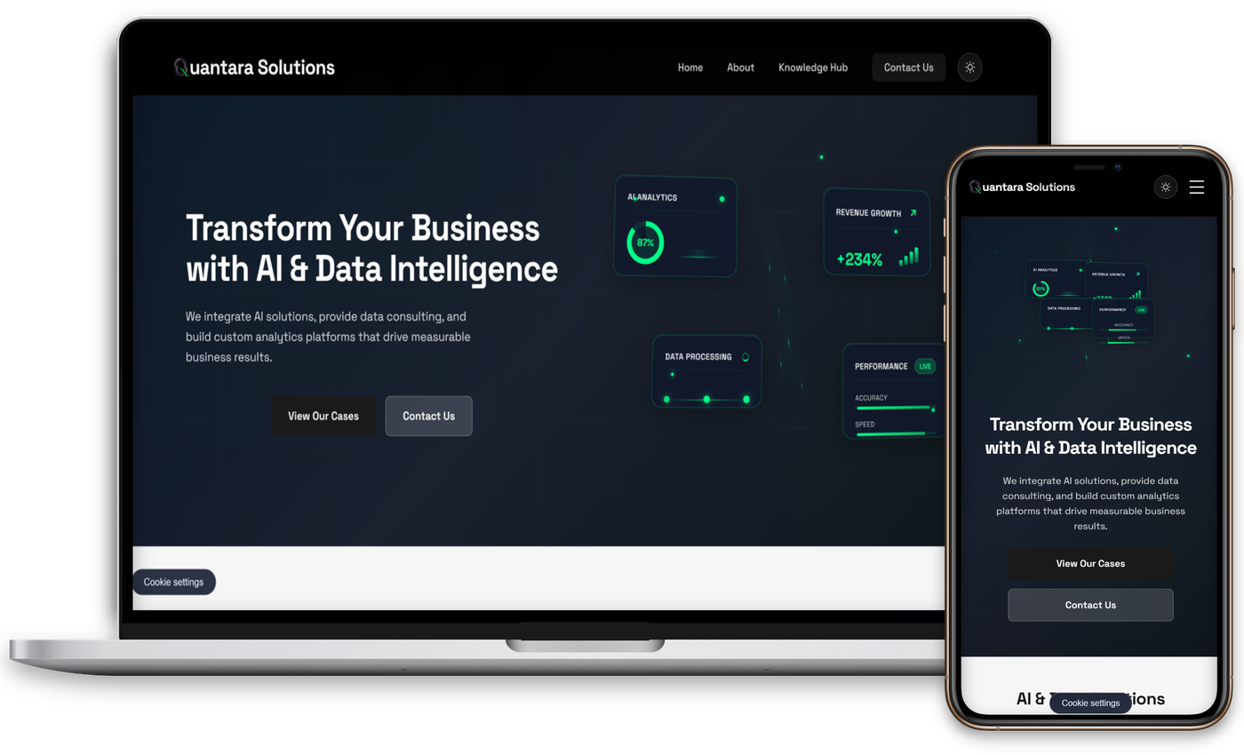 Quantara Solutions website shown on a laptop and phone